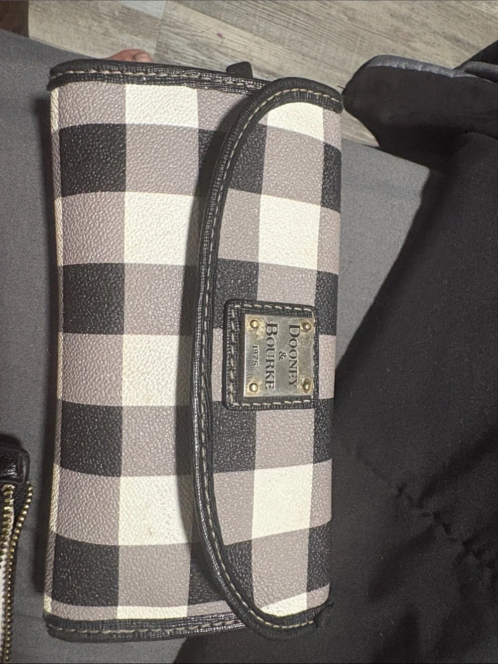 Dooney & Bourke Black and White Check Foldover Wallet with Logo Plaque
